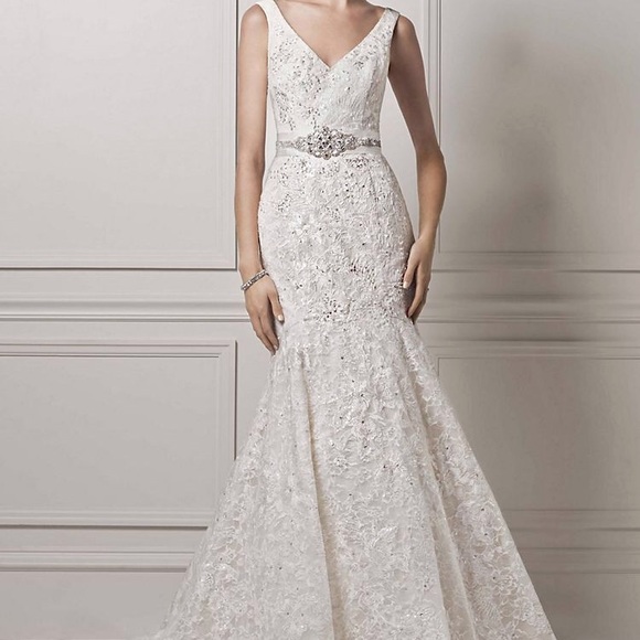 Ivory Lace Trumpet Gown with sewn in sequin belt - Picture 1 of 7